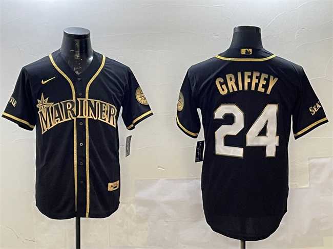 Mens Seattle Mariners #24 Ken Griffey Jr. Black Gold Cool Base Stitched Jersey